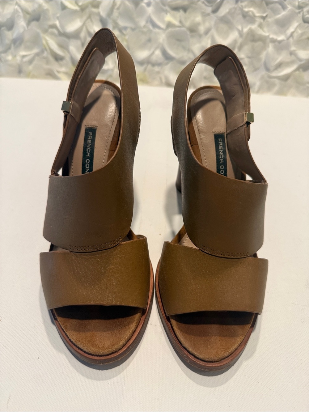 French Connection Brown Leather Open-Toe Slingback Heels